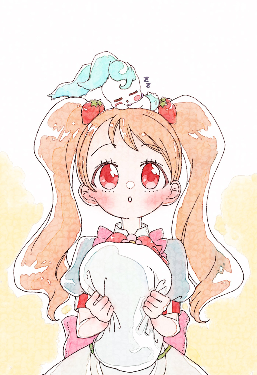 1girl aji_fry blush bow creature_on_head flower_ornament food-themed_hair_ornament hair_ornament hat highres holding holding_clothes holding_hat kirakira_precure_a_la_mode long_hair magical_girl open_mouth orange_hair pikario_(precure) precure red_eyes twintails usami_ichika waist_bow yellow_background