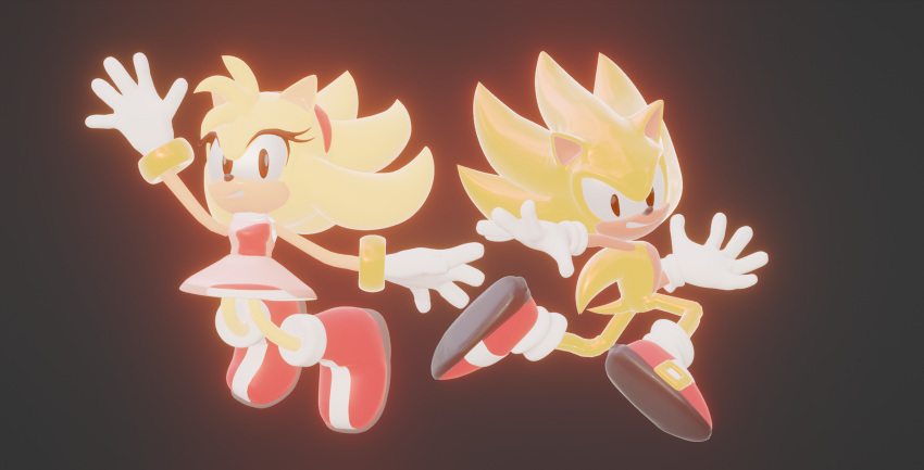 absurd_res action_pose amy_rose anthro blue_archer_(artist) clothing colored duo eulipotyphlan female hedgehog hi_res jewelry light lighting male mammal pose sega simple_background smile sonic_the_hedgehog_(series) super_amy_rose super_sonic