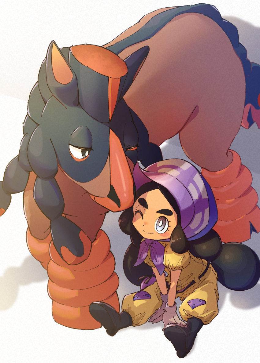 1girl ;) anidf belt black_belt black_footwear blush_stickers bonnet boots bright_pupils closed_mouth commentary_request gloves grey_eyes hapu_(pokemon) highres jumpsuit mudsdale one_eye_closed pokemon pokemon_(creature) pokemon_sm purple_headwear short_sleeves sitting smile white_pupils