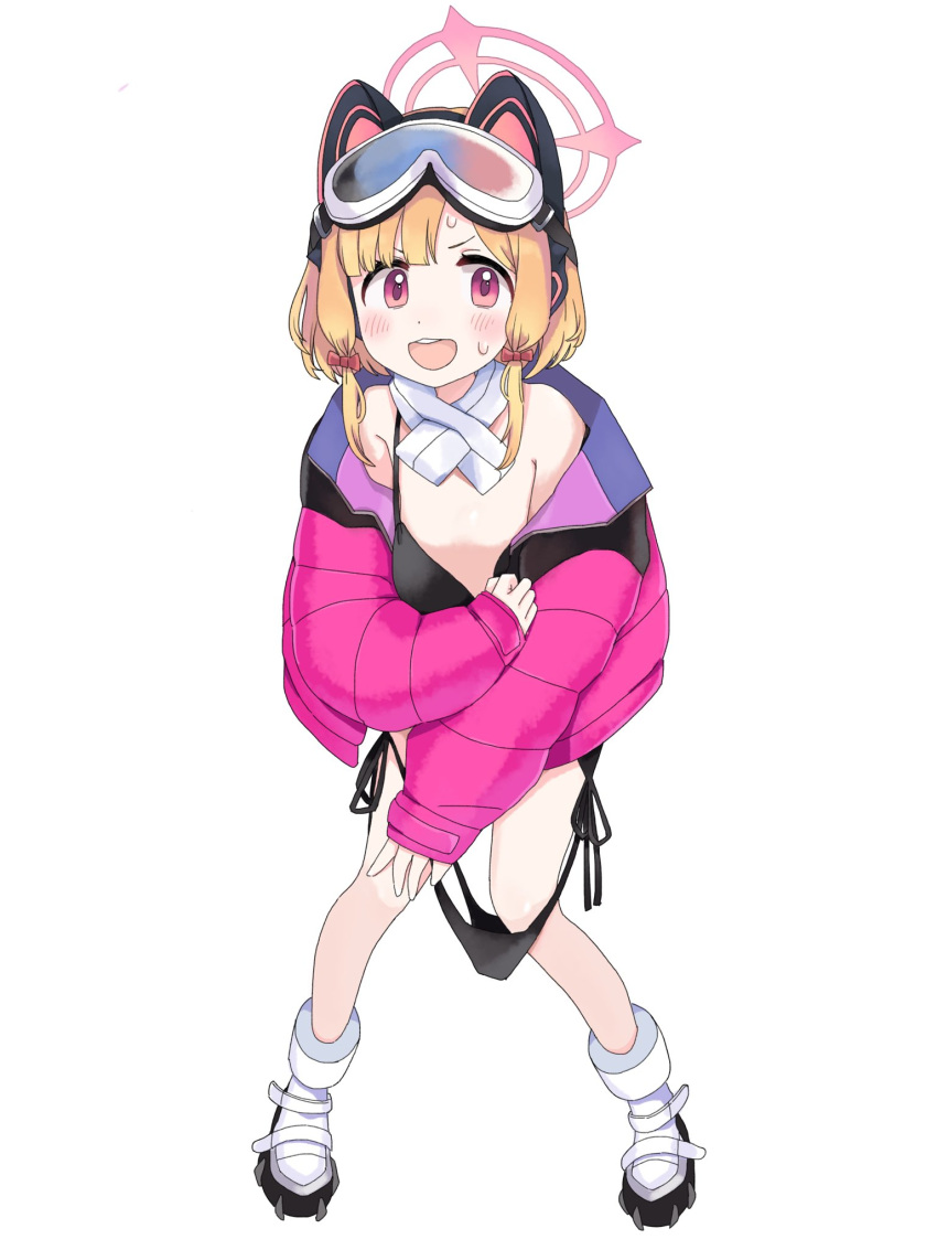 1girl animal_ear_headphones animal_ears bikini black_bikini blonde_hair blue_archive blush boots cat_ear_headphones cosplay eimi_(blue_archive) eimi_(blue_archive)_(cosplay) eimi_(swimsuit)_(blue_archive) fake_animal_ears goggles goggles_on_head halo headphones highres jacket long_sleeves looking_at_viewer megaheart momoi_(blue_archive) open_mouth oversized_clothes pink_eyes pink_jacket scarf simple_background solo standing swimsuit white_background white_scarf