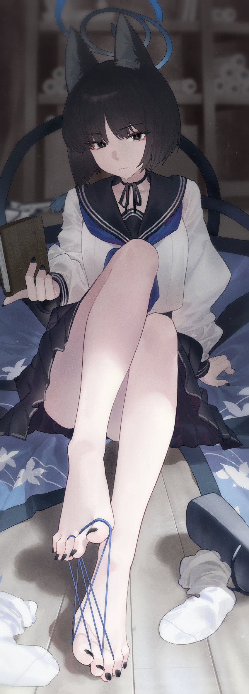 1girl absurdres animal_ears barefoot between_toes black_eyes black_hair black_nails black_sailor_collar black_skirt blue_archive book cat's_cradle cat_ears cat_girl closed_mouth feet foot_focus foreshortening highres holding holding_book indoors jaws_(okdol0928) kikyou_(blue_archive) knees_up long_sleeves looking_at_viewer medium_hair nail_polish on_floor pleated_skirt sailor_collar shirt sitting skirt socks solo string toenail_polish toenails toes white_shirt