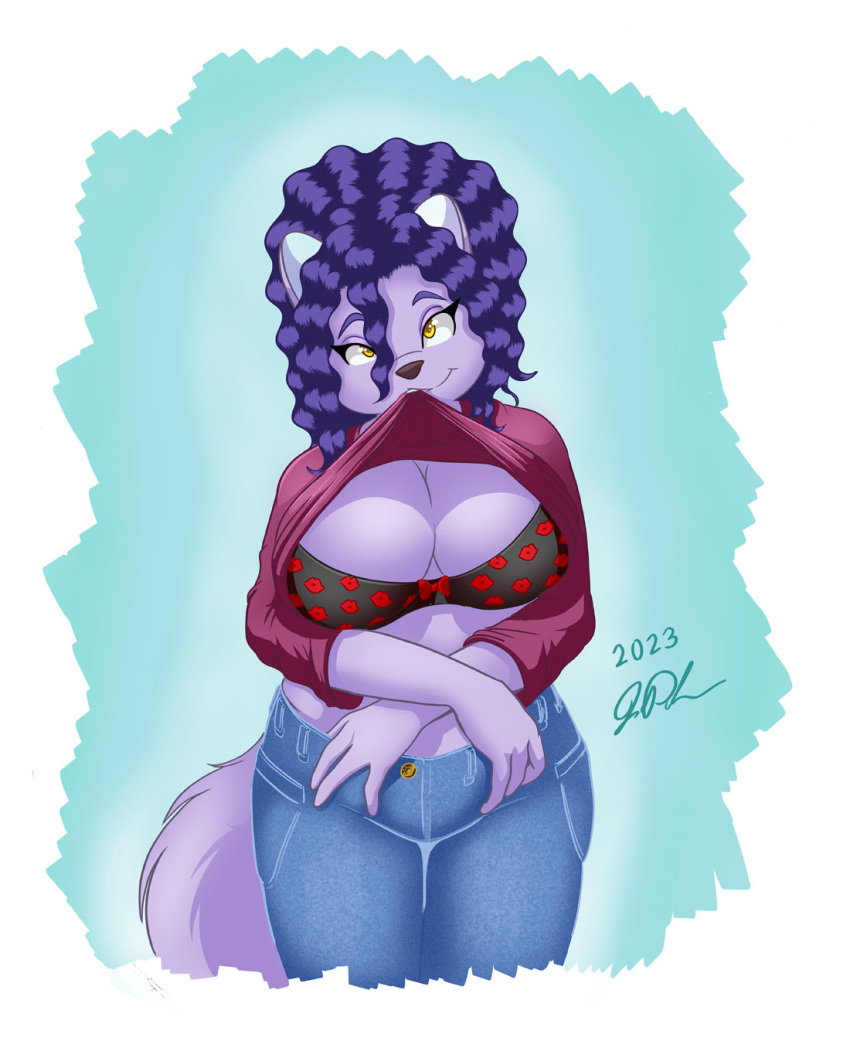 anthro big_breasts biting_shirt bottomwear bra breasts clothing denim denim_bottomwear denim_clothing felid feline female fur hair hi_res jeans looking_at_viewer mammal pants peterandwhitney pinup pose purple_body purple_fur purple_hair slightly_chubby solo underwear whitney_(pnc) wide_hips yellow_eyes