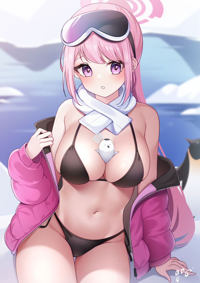 1girl :o bare_shoulders bikini bird black_bikini blue_archive blush breasts cleavage eimi_(blue_archive) eimi_(swimsuit)_(blue_archive) glacier goggles goggles_on_head guri_(gri1211) halo highres jacket jacket_partially_removed large_breasts long_hair looking_at_viewer navel official_alternate_costume outdoors padded_jacket penguin pink_eyes pink_hair pink_jacket ponytail scarf side-tie_bikini_bottom side-tie_peek signature sitting solo stomach swimsuit very_long_hair white_scarf