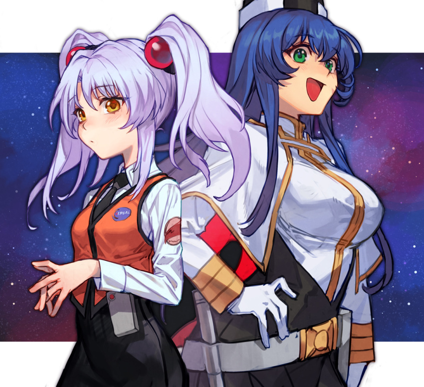 2girls arm_at_side belt belt_pouch black_necktie black_skirt blue_hair blush breasts capelet closed_mouth collared_shirt gloves gold_trim green_eyes grey_hair hair_between_eyes hair_bobbles hair_ornament hand_on_own_hip hat hoshino_ruri hungry_clicker jacket kidou_senkan_nadesico large_breasts letterboxed long_hair long_sleeves looking_at_viewer military_jacket military_uniform misumaru_yurika multiple_girls necktie open_mouth orange_vest outside_border own_hands_together pencil_skirt pouch shirt skirt smile space star_(sky) twintails uniform vest white_belt white_capelet white_gloves white_jacket white_shirt yellow_eyes