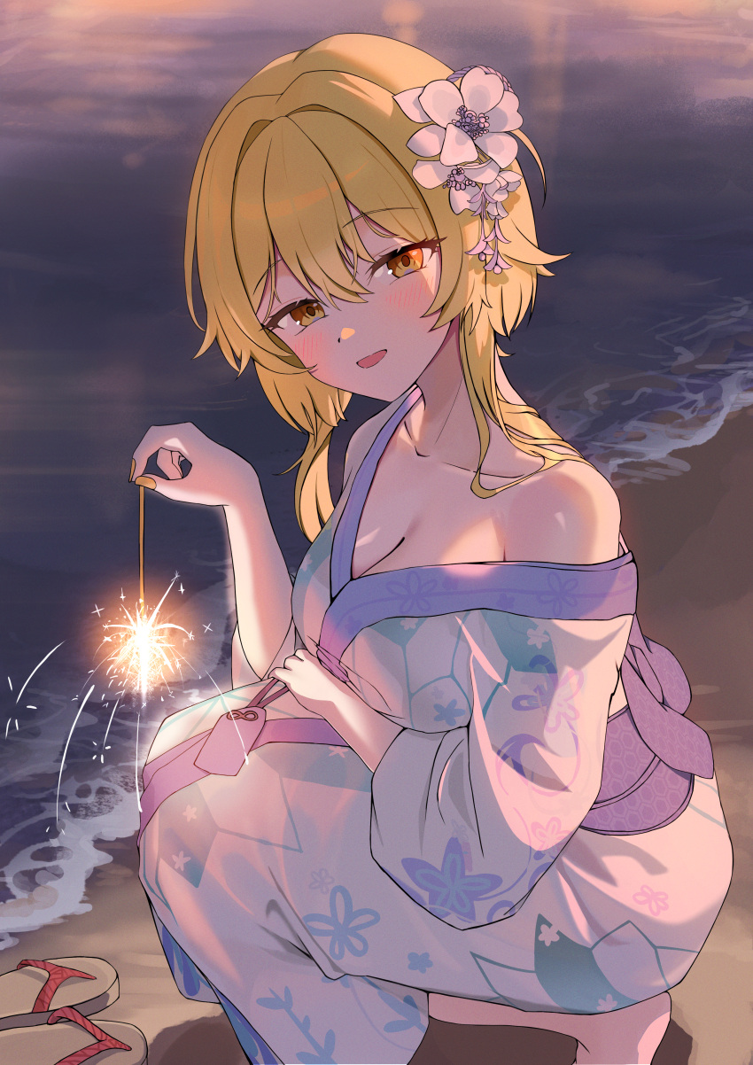 1girl absurdres alternate_costume beach blonde_hair blush breasts cleavage collarbone domodomo0708 feet_out_of_frame fireworks floral_print_kimono flower genshin_impact hair_flower hair_ornament highres holding_fireworks japanese_clothes kimono large_breasts looking_at_viewer lumine_(genshin_impact) nail_polish obi omamori open_mouth pouch sand sash senkou_hanabi shoes short_hair_with_long_locks single_off_shoulder solo sparkler squatting unworn_shoes white_kimono yellow_eyes yellow_nails