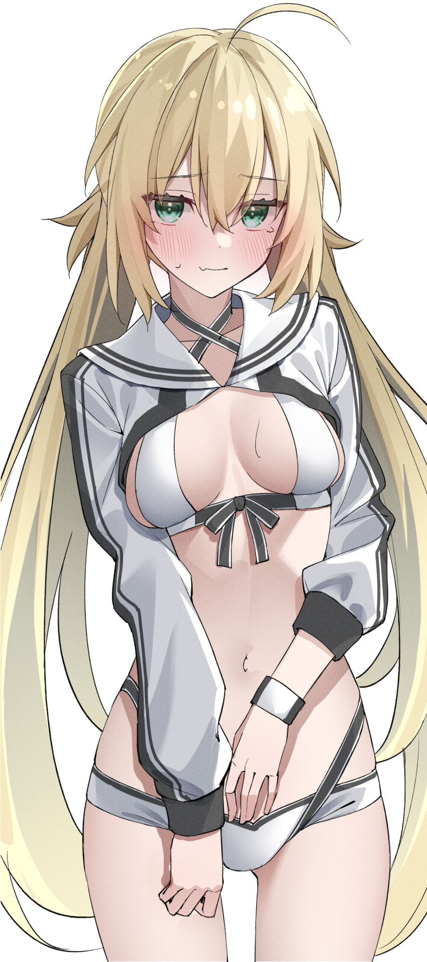 1girl absurdres ahoge artoria_caster_(fate) artoria_caster_(swimsuit)_(fate) artoria_caster_(swimsuit)_(first_ascension)_(fate) artoria_pendragon_(fate) bikini blonde_hair blush breasts cleavage closed_mouth commentary_request cropped_jacket fate/grand_order fate_(series) green_eyes hair_between_eyes highres jacket kawai_ritsu_(rits_meg) long_hair long_sleeves looking_at_viewer medium_breasts navel shrug_(clothing) simple_background small_breasts solo stomach sweatdrop swimsuit thighs twintails very_long_hair white_background white_bikini white_jacket