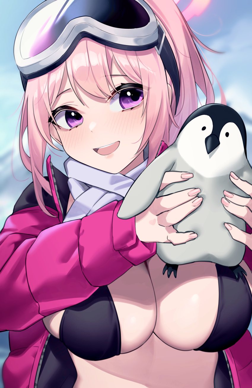 1girl absurdres animal bikini bird black_bikini blue_archive blush breasts cleavage eimi_(blue_archive) eimi_(swimsuit)_(blue_archive) fingernails goggles goggles_on_head grey_scarf halo highres holding holding_animal jacket large_breasts official_alternate_costume open_clothes open_jacket outdoors padded_jacket penguin pink_eyes pink_hair pink_jacket scarf sidelocks smile solo swimsuit upper_body wakamepiza