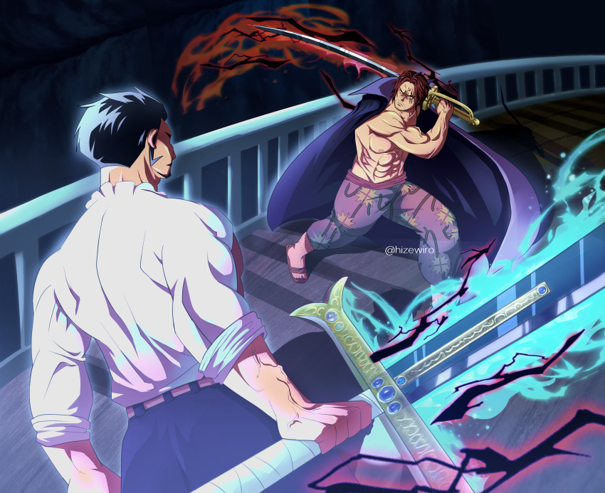 2boys absurdres anger_vein angry battle black_coat coat dracule_mihawk fighting_stance highres male_focus multiple_boys muscular muscular_male night one_piece red_hair scar shanks_(one_piece) ship ship_deck shirt sleeveless sword swordman thick_arms topless topless_male veins watercraft weapon white_shirt