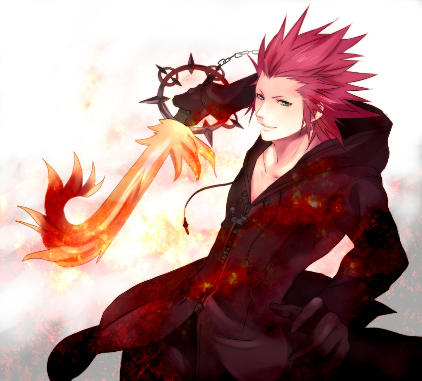 1boy axel_(kingdom_hearts) black_coat black_coat_(kingdom_hearts) black_gloves black_hood black_pants coat commentary_request fighting_stance fire gloves green_eyes grin hands_up highres holding holding_weapon hood hood_down keyblade kingdom_hearts kingdom_hearts_birth_by_sleep lea_(kingdom_hearts) long_coat male_focus medium_hair minatoya_mozuku pants red_hair smile solo spiked_hair standing weapon white_background