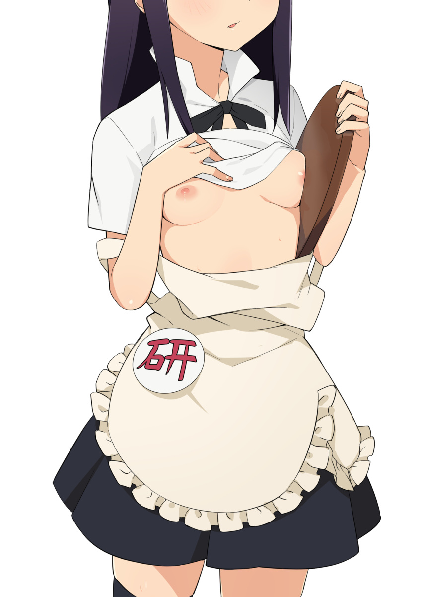 1girl apron black_bow black_skirt black_thighhighs blue_hair bow breasts breasts_out clothes_lift frilled_apron frills head_out_of_frame highres holding holding_tray long_hair morisobo nipples no_bra paid_reward_available shirt_lift simple_background skirt small_breasts solo thighhighs tray waist_apron white_apron white_background working!! yamada_aoi zettai_ryouiki