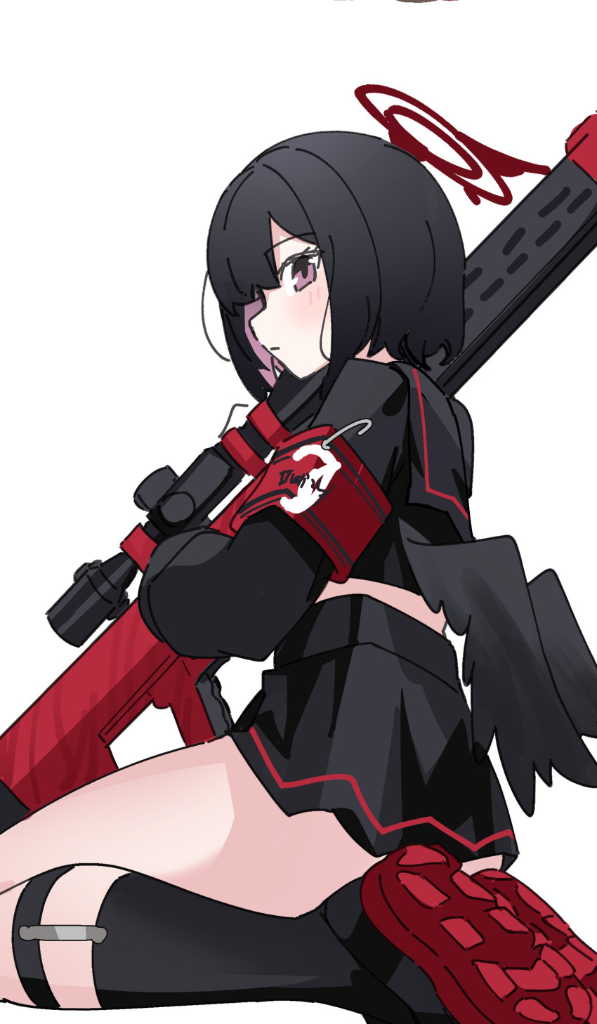 1girl absurdres anti-materiel_rifle anzio_ironworks_20mm_rifle armband black_hair black_serafuku black_socks black_wings blue_archive blush boots closed_mouth expressionless gun highres kneehighs long_sleeves looking_at_viewer looking_to_the_side low_wings mashiro_(blue_archive) miniskirt pleated_skirt purple_eyes red_footwear rifle school_uniform serafuku shiromoca short_hair simple_background sitting skirt sniper_rifle socks solo wariza weapon white_background wide_sleeves wings