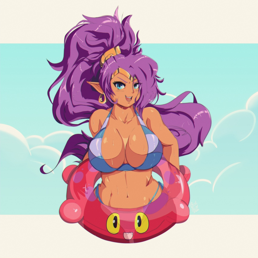 benbeau bikini blue_eyes breasts brown_body brown_skin clothing ear_piercing ear_ring female genie hair hi_res humanoid humanoid_pointy_ears long_hair looking_at_viewer not_furry piercing ponytail purple_hair ring_piercing shantae shantae_(series) simple_background solo swim_ring swimwear wayforward wet