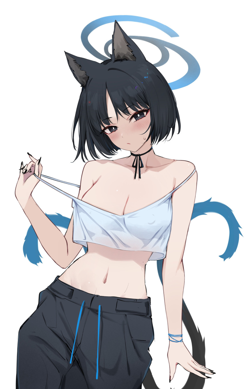 1girl absurdres animal_ears black_hair black_nails blue_archive blue_halo breasts choker feint721 halo highres kikyou_(blue_archive) looking_at_viewer midriff navel see-through see-through_shirt short_hair simple_background solo strap_pull sweat twintails white_background