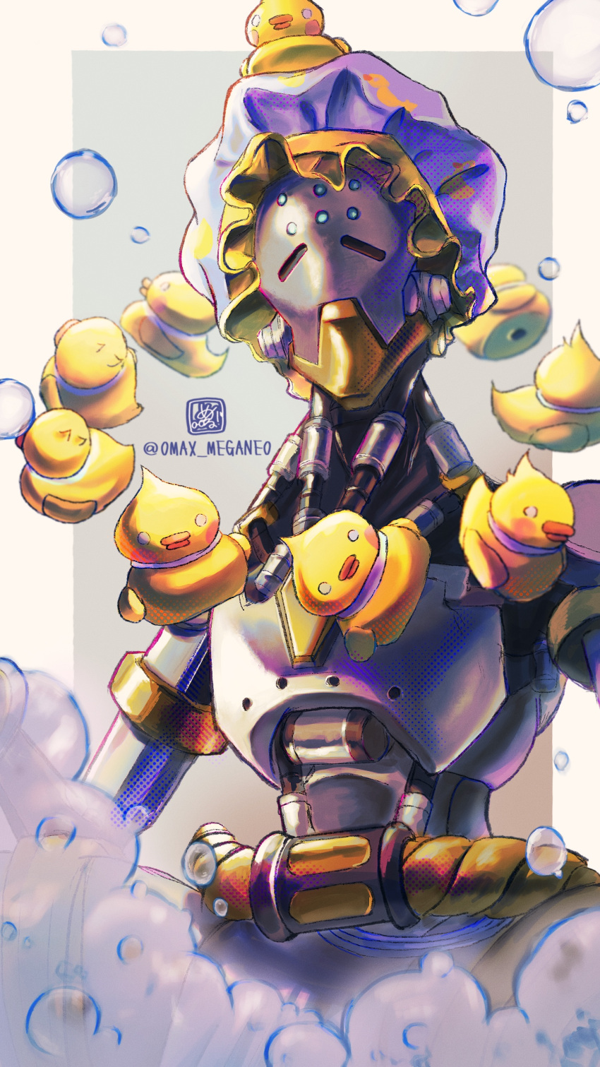 1boy absurdres bubble closed_mouth cyborg highres humanoid_robot looking_at_viewer male_focus megane_(0max_megane0) monk official_alternate_costume omnic overwatch overwatch_2 robot rubber_duck zenyatta_(overwatch)