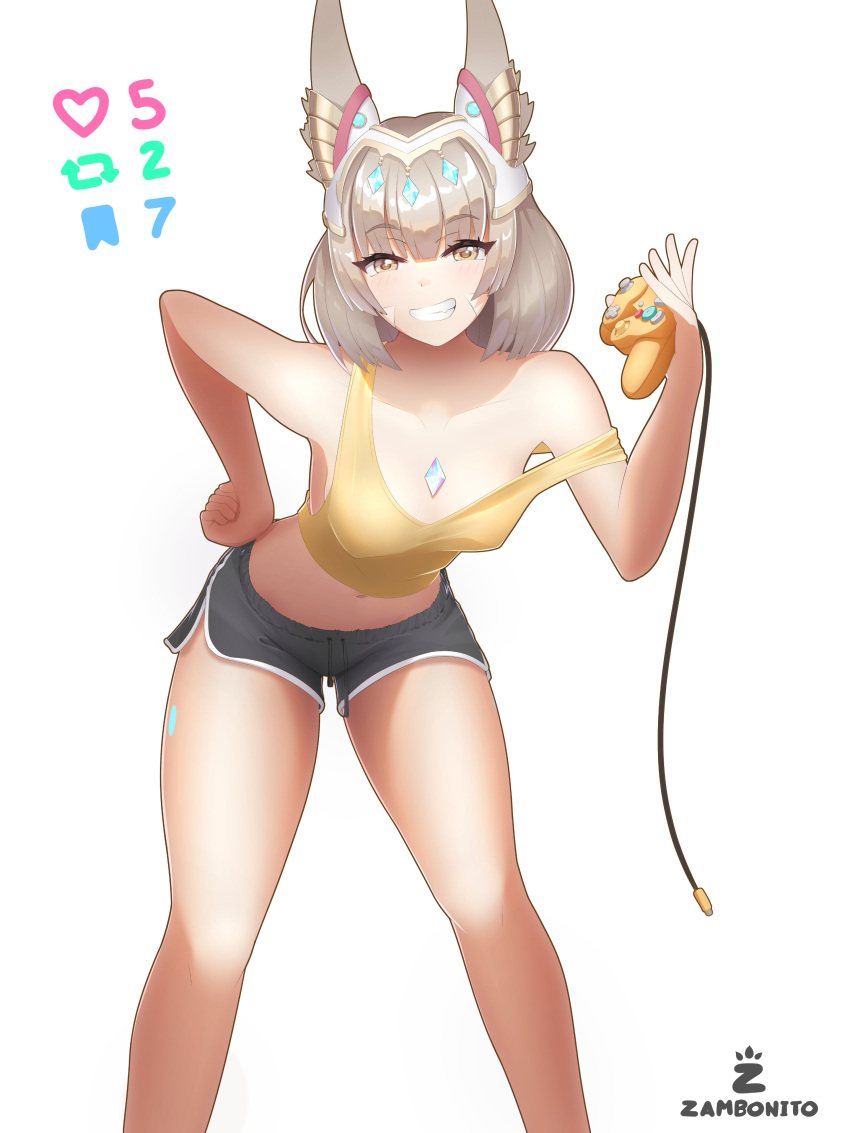 1girl absurdres animal_ears artist_logo artist_name black_shorts blunt_bangs body_markings bookmark breasts casual cat_ears cat_girl chest_jewel circlet collarbone controller dolphin_shorts english_commentary facial_mark gamecube_controller grey_hair hand_on_own_hip hand_up highres holding holding_controller leaning_forward like_and_retweet looking_at_viewer meme navel nia_(xenoblade) short_hair shorts small_breasts smile solo strap_slip tank_top twitter_strip_game_(meme) white_background xenoblade_chronicles_(series) yellow_eyes yellow_tank_top zambonito