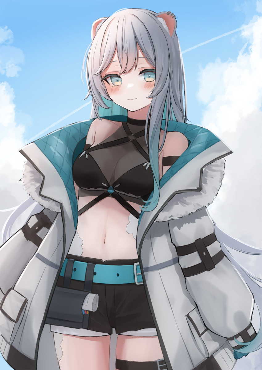 1girl animal_ear_piercing animal_ears aone_ioru aqua_belt aqua_coat aqua_eyes aqua_hair bare_shoulders belt belt_buckle black_shorts blush bodystocking breasts buckle closed_mouth coat colored_inner_hair commentary_request commission cowboy_shot day gradient_hair grey_coat grey_hair hamster_ears hamster_girl highres indie_virtual_youtuber light_smile long_hair long_sleeves looking_at_viewer medium_breasts midriff multicolored_hair navel off_shoulder open_clothes open_coat puffy_long_sleeves puffy_sleeves second-party_source shorts sidelocks skeb_commission sleeves_past_fingers sleeves_past_wrists solo standing sunlight tanshio two-sided_coat two-sided_fabric two-tone_hair very_long_hair virtual_youtuber