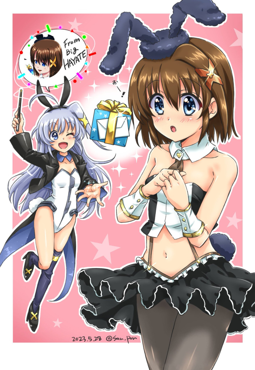 2girls animal_ears bare_shoulders black_pantyhose blue_eyes blue_hair blush breasts brown_hair fake_animal_ears fake_tail hair_ornament highres leotard letter long_hair looking_at_viewer lyrical_nanoha mahou_shoujo_lyrical_nanoha mahou_shoujo_lyrical_nanoha_a's mahou_shoujo_lyrical_nanoha_strikers microskirt midriff multiple_girls navel one_eye_closed open_mouth pantyhose playboy_bunny rabbit_ears rabbit_tail reinforce_zwei san-pon short_hair skirt small_breasts smile tail wand white_leotard x_hair_ornament yagami_hayate