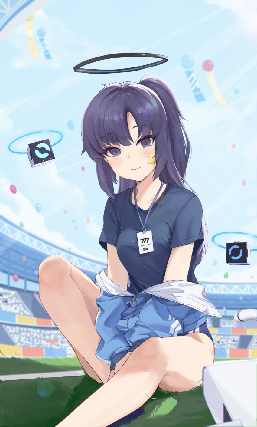 1girl absurdres balloon bare_legs blue_archive blue_eyes blue_hair blue_jacket blue_shirt blue_sky breasts buruma closed_mouth commentary day foot_out_of_frame gym_uniform halo highres id_card jacket jacket_partially_removed knee_up legs long_hair looking_at_viewer mechanical_halo medium_breasts ni_de_pengyou official_alternate_costume outdoors ponytail shirt short_sleeves sitting sky solo stadium star_sticker sticker_on_face thighs yuuka_(blue_archive) yuuka_(track)_(blue_archive)
