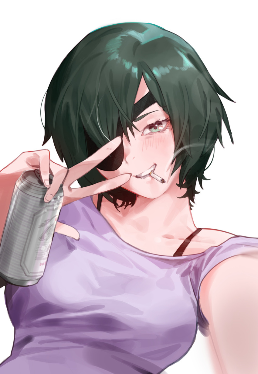 1girl beer_can breasts can chainsaw_man cigarette english_commentary eyepatch green_eyes green_hair highres himeno_(chainsaw_man) looking_at_viewer medium_breasts purple_shirt raneblu shirt short_hair short_sleeves simple_background smile smoking solo t-shirt teeth upper_body white_background