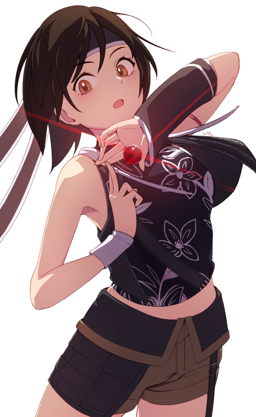 1girl bare_shoulders black_hair black_shirt black_vest brown_eyes chienon commentary_request cowboy_shot crop_top cropped_shirt cropped_vest detached_sleeves final_fantasy final_fantasy_vii final_fantasy_vii_advent_children floral_print glint hand_up headband highres holding kingdom_hearts kingdom_hearts_ii kuji-in looking_at_viewer materia midriff_peek open_mouth print_shirt shirt short_hair shorts single_detached_sleeve sleeveless sleeveless_shirt solo vest white_background yuffie_kisaragi