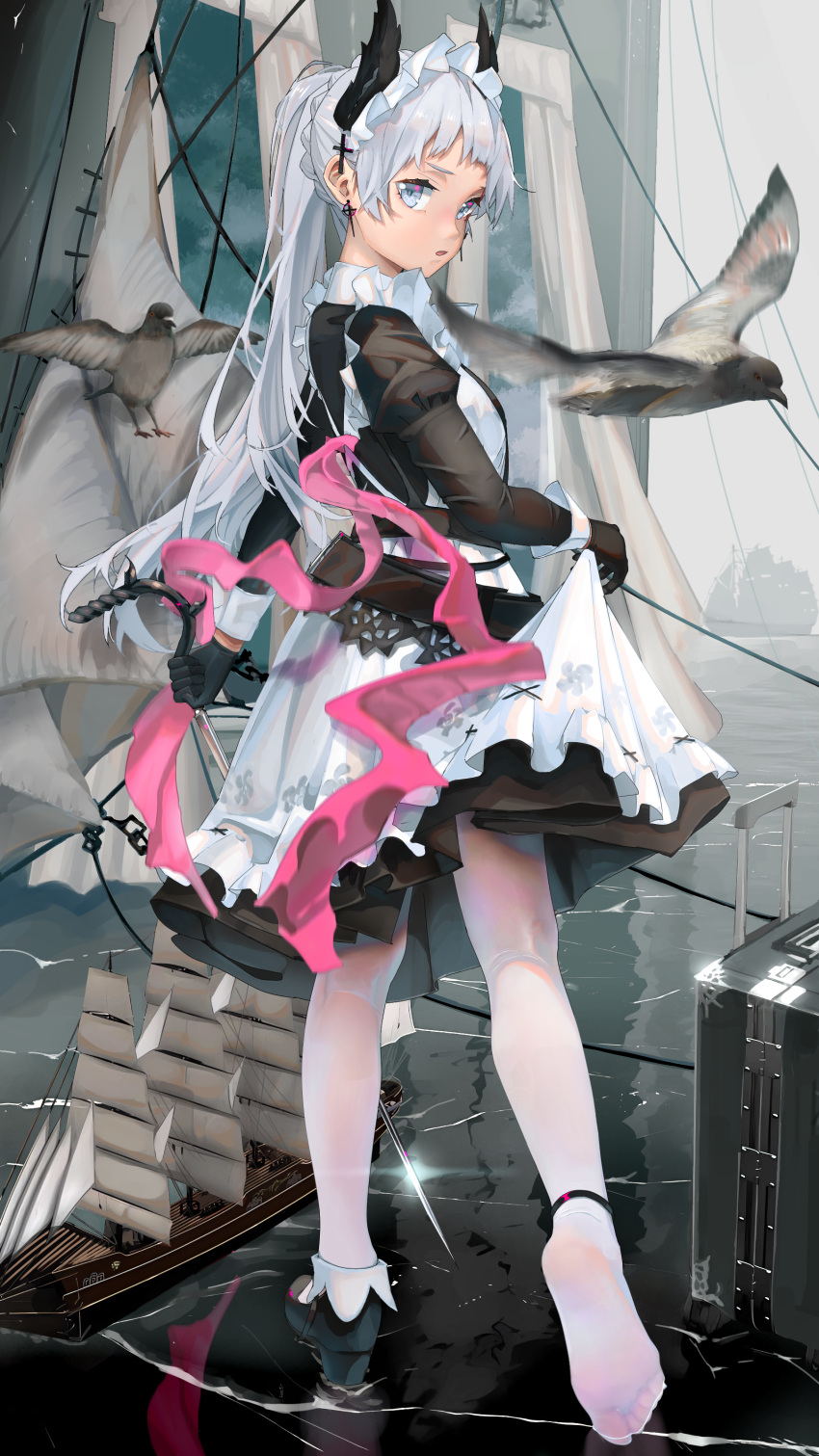 1girl absurdres apron arknights bird black_bird black_dress black_footwear black_gloves commentary_request cross cross_earrings cross_hair_ornament demon_horns dress earrings feet foot_focus frilled_apron frills from_behind full_body gloves grey_eyes grey_hair hair_ornament highres holding holding_weapon horns irene_(arknights) jewelry juliet_sleeves lawsky long_hair long_ribbon long_sleeves looking_at_viewer looking_back maid maid_apron mary_janes medium_hair motion_blur no_shoes nose open_mouth outdoors pantyhose pink_ribbon ponytail puffy_sleeves ribbon rolling_suitcase shoes short_dress skirt_hold soles solo standing standing_on_one_leg suitcase toes very_long_hair water weapon white_apron white_pantyhose