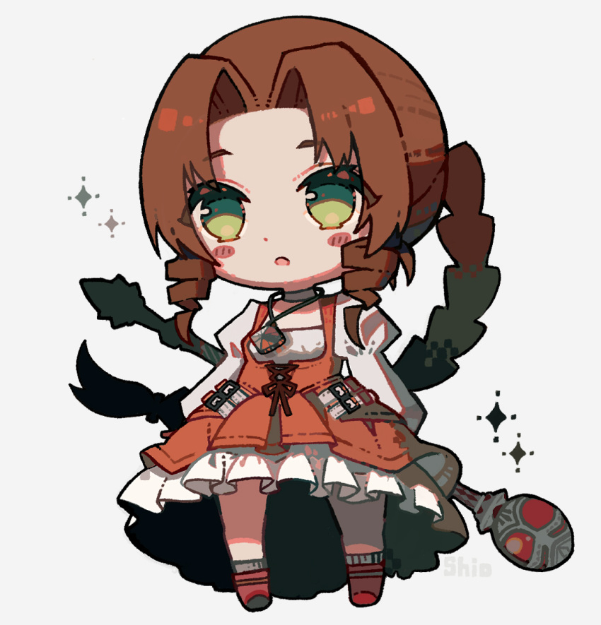 1girl aerith_gainsborough artist_name blush boots braid braided_ponytail brown_hair chibi cosplay curly_hair dress final_fantasy final_fantasy_ix final_fantasy_vii final_fantasy_vii_ever_crisis full_body garnet_til_alexandros_xvii garnet_til_alexandros_xvii_(cosplay) green_eyes grey_choker high-low_skirt hiyunagi holding holding_staff jewelry juliet_sleeves long_dress long_hair long_sleeves mage_staff official_alternate_costume orange_dress parted_bangs pendant puffy_sleeves shirt sidelocks single_braid solo staff white_shirt