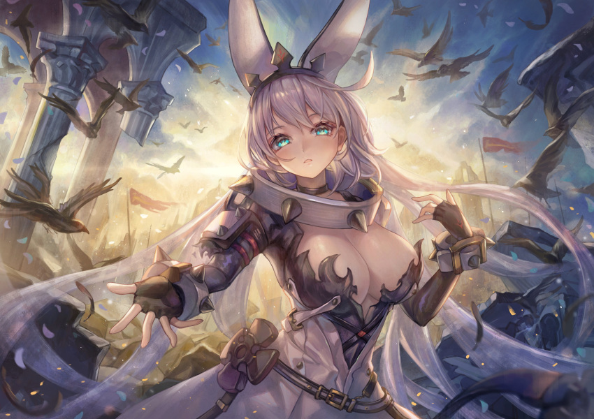 1girl absurdres ahoge animal_ears arm_up belt bird black_gloves blue_sky bracelet breasts choker cleavage cleavage_cutout clothing_cutout cloud collar dress elphelt_valentine fake_animal_ears fingerless_gloves flag gloves green_eyes grey_hair guilty_gear guilty_gear_xrd hair_between_eyes hairband highres huge_ahoge jewelry large_breasts long_hair looking_at_viewer open_mouth outdoors outstretched_hand pillar rabbit_ears shaded_face shiny_skin sky solo spiked_bracelet spiked_collar spiked_hairband spikes sunlight wedding_dress yahiro_(heartseek000)