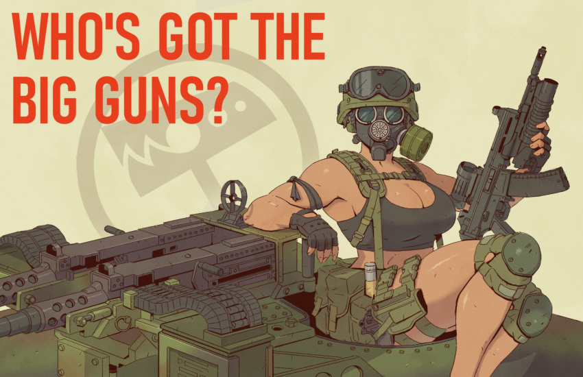 1girl black_gloves black_tank_top browning_m2 combat_helmet dark-skinned_female dark_skin english_text fingerless_gloves gas_mask gloves green_headwear grenade_launcher gun h&amp;k_ump hat_legs heavy_machine_gun helmet highres knee_pads looking_at_viewer m203 machine_gun mask muscular muscular_female original solo submachine_gun tank_top thighs underbarrel_grenade_launcher weapon