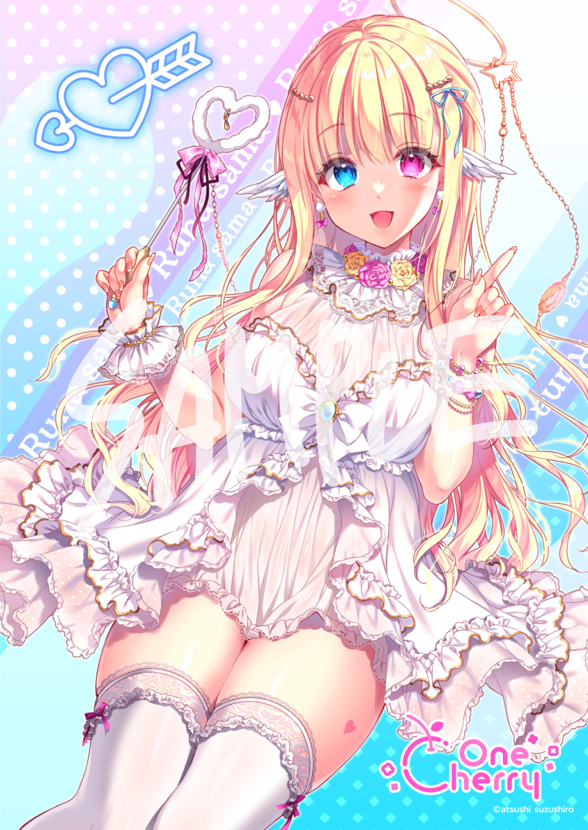 1girl :d artist_name babydoll bare_shoulders blonde_hair blue_background blue_eyes blue_ribbon blush bow bracelet breasts circle_name commentary_request earrings eyelashes eyes_visible_through_hair fingernails flower frilled_babydoll hair_between_eyes hair_ribbon halo hands_up heart hetero highres holding holding_wand index_finger_raised jewelry large_breasts long_fingernails long_hair looking_at_viewer multicolored_background open_mouth original pearl_bracelet pink_bow pink_eyes pink_flower pink_rose polka_dot polka_dot_background pom_pom_(clothes) pom_pom_earrings ribbon rose sample_watermark shiny_skin sidelocks sitting smile solo star_(symbol) suzushiro_atsushi thighhighs thighs very_long_hair wand watermark white_babydoll white_thighhighs white_wings wings yellow_flower yellow_rose