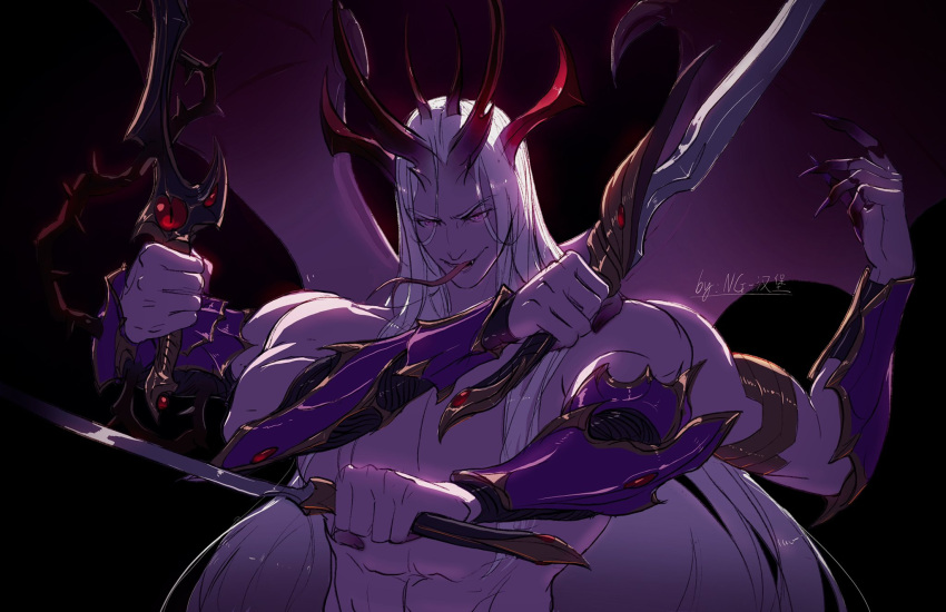 1boy armor artist_name black_background bracer commentary demon_primarch demon_wings emperor's_children english_commentary extra_arms eye_of_horus_(warhammer) fangs forked_tongue fulgrim glowing glowing_eyes hashtag_only_commentary highres holding holding_sword holding_weapon horns long_hair male_focus muscular muscular_male ng_hamburger open_mouth pink_eyes plant primarch purple_armor solo sword thorns tongue topless_male very_long_hair vines warhammer_40k weapon white_hair wings