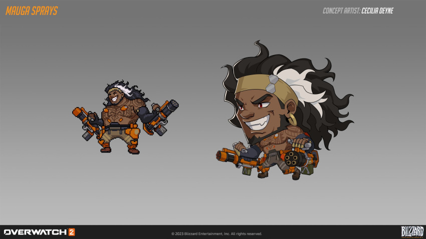 1boy 2023 artist_name bare_pectorals beard black_hair ceciclia_deyne chibi copyright_name dark-skinned_male dark_skin earrings english_commentary english_text facial_hair gatling_gun grey_background highres holding holding_weapon jewelry large_pectorals logo mauga_(overwatch) overwatch overwatch_2 pectorals pixel_art simple_background tattoo topless_male weapon