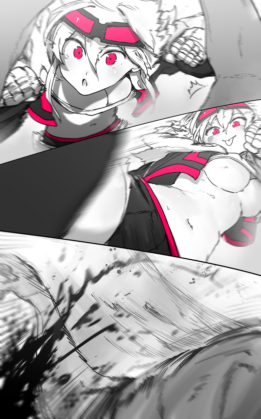 1boy 1girl :o :p absurdres bandaged_hand bandages battle black_shorts black_thighhighs blocking blood breasts cleavage curvy goggles goggles_on_head greyscale happy highres kicking long_bangs monochrome motion_blur motion_lines niwamaru_(niwarhythm) niwarhythm original pink_eyes pink_trim punching shiny_skin shorts strapless thick_thighs thighhighs thighs tongue tongue_out tube_top underboob white_background