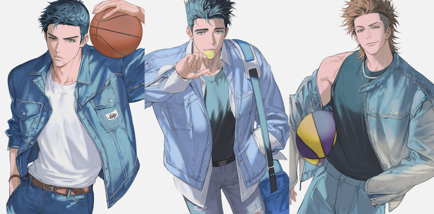 14ho_sd 3boys ball basketball_(object) belt bishounen black_eyes black_hair black_shirt blue_bag blue_jacket blue_pants bracelet brown_belt brown_hair carrying carrying_under_arm chain_necklace cowboy_shot denim food food_in_mouth fruit highres holding holding_ball jacket jeans jewelry layered_clothes lemon lemon_slice looking_at_viewer male_focus mitsui_hisashi miyagi_sota multiple_boys necklace off_shoulder pants scar scar_on_chin scar_on_face sendou_akira shirt short_hair simple_background single_off_shoulder slam_dunk_(series) sleeveless smile spiked_hair toned toned_male undercut white_background white_shirt