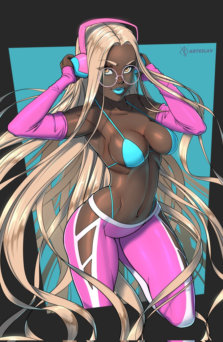 1girl aqua_bikini aqua_lips arteslav athma_(arteslav) bikini bikini_under_clothes black_border blonde_hair blue_background border breasts brown_eyes cleavage dark-skinned_female dark_skin detached_sleeves glasses hands_on_own_head headphones highres hip_vent leg_lift linea_alba lipstick long_hair makeup median_furrow medium_breasts micro_bikini navel original outside_border pants parted_hair pink-framed_eyewear pink_pants pink_sleeves pink_theme pinup_(style) round_eyewear solo spaghetti_strap strap_gap swimsuit very_dark_skin very_long_hair wireless wireless_headphones