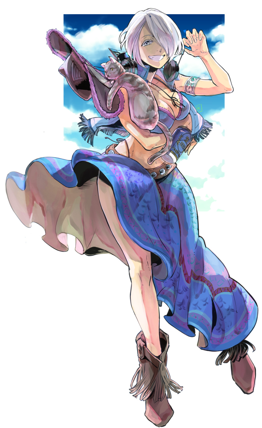 1girl alcohol angel_(kof) beer_can boots breasts can cat cowboy_boots cowboy_hat cropped_jacket g-string hair_over_one_eye hat headphones headphones_around_neck highleg highleg_panties highres kakino_subaru large_breasts looking_at_viewer mexican_clothes mexican_dress mexico official_alternate_costume panties short_hair simple_background skirt smile solo sombrero string_panties the_king_of_fighters thong underwear white_hair