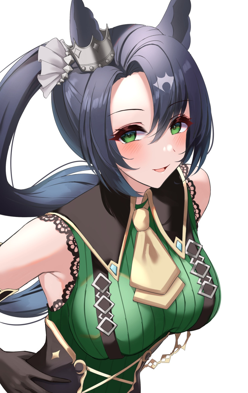 1girl absurdres animal_ears ascot bare_shoulders black_gloves black_hair blush breasts commentary_request ear_ornament elbow_gloves gloves green_eyes green_sweater hair_between_eyes highres horse_ears horse_girl horse_tail large_breasts long_hair multicolored_hair ponytail satono_crown_(umamusume) simple_background sleeveless sleeveless_sweater smile solo streaked_hair sweater tail takmi umamusume upper_body very_long_hair white_background white_hair yellow_ascot