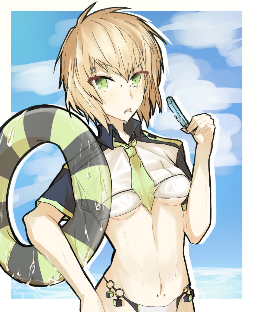 blonde_hair dramatical_murder food genderswap genderswap_(mtf) green_eyes highres innertube nitro+_chiral noiz_(dramatical_murder) piercing popsicle swimsuit water wet wet_clothes