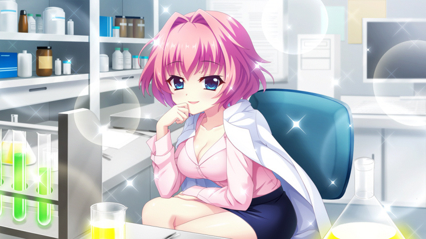 1girl aged_up black_skirt blue_eyes bottle breasts chemicals cleavage coat coat_on_shoulders collarbone computer crossed_legs dot_nose erlenmeyer_flask film_grain flask game_cg hair_intakes hand_on_lap hand_to_own_face hard_drive hiiragi_kae hunched_over indoors izumi_tsubasu lab_coat laboratory large_breasts lens_flare long_sleeves looking_at_viewer monitor non-web_source official_art on_chair open_mouth pink_hair pink_shirt re:stage! shelf shirt short_hair sitting skirt smile solo sparkle test_tube test_tube_rack