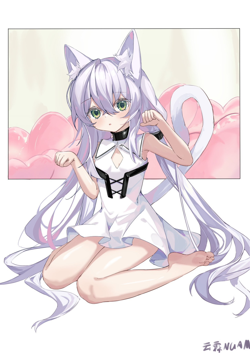 1girl animal_ear_fluff animal_ears arknights artist_name bare_legs barefoot blush breasts cat_ears cat_girl character_request cleavage_cutout clothing_cutout collared_dress dress feet green_eyes hair_between_eyes hair_ornament hands_up highres kakyouin2002 legs long_hair multicolored_hair on_ground open_mouth paw_pose pink_hair purple_hair signature sitting sleeveless sleeveless_dress small_breasts soles solo streaked_hair toes twintails very_long_hair wariza white_dress