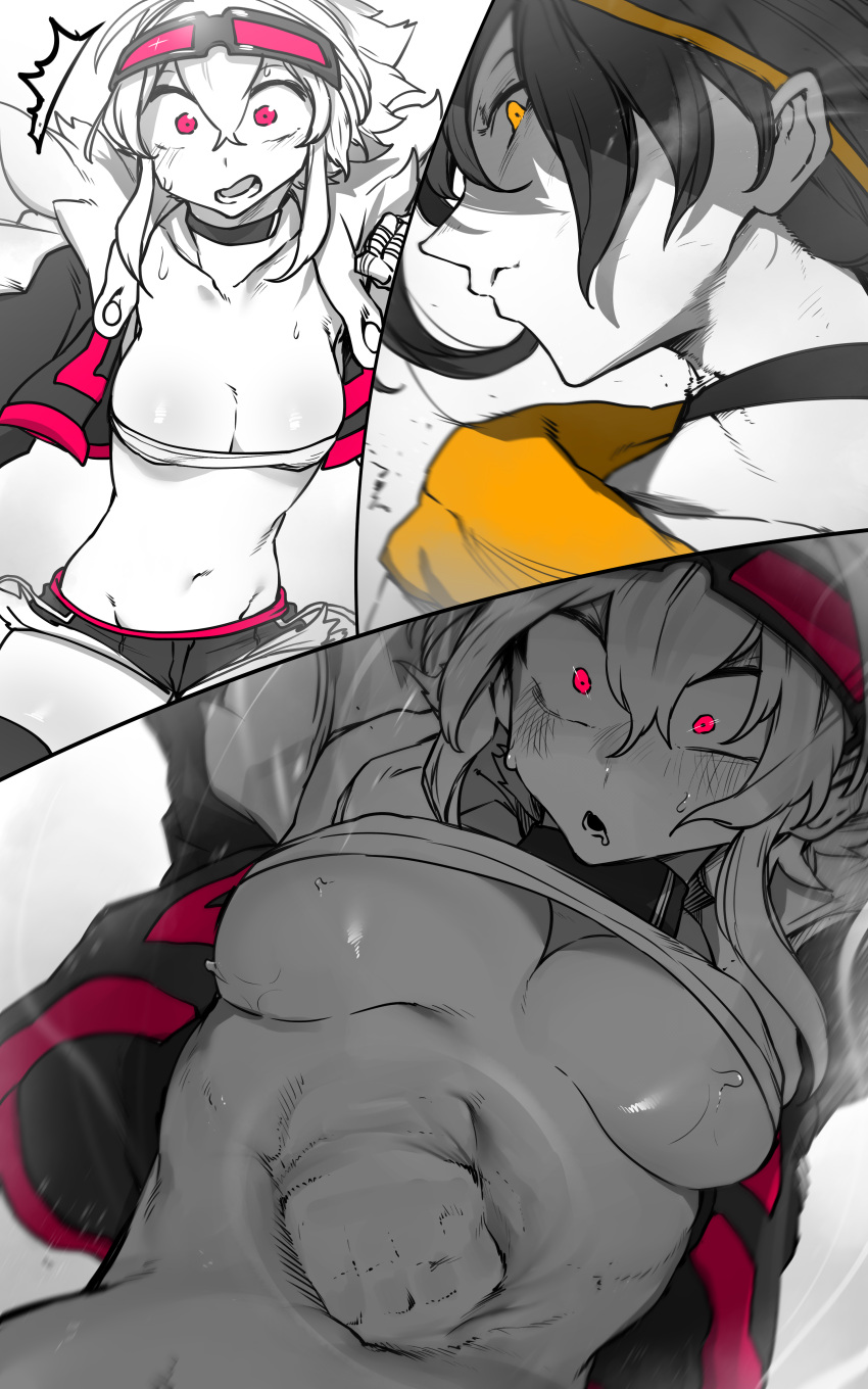 2girls :o absurdres bandaged_hand bandages battle black_choker black_shorts black_thighhighs breasts choker cleavage collarbone covered_nipples cropped_jacket drooling fighting_stance goggles goggles_on_head hayabusa_(niwarhythm) highres light_blush long_bangs looking_at_viewer looking_down lower_teeth_only midriff motion_blur motion_lines multiple_girls navel neferpitou niwamaru_(niwarhythm) niwarhythm open_mouth original partially_shaded_face pink_eyes pink_trim pov punching shaded_face shiny_skin shockwave short_hair short_shorts shorts slow_motion smirk stomach_punch strapless surprised sweat teeth thighhighs toned tube_top underboob white_background wide-eyed yellow_eyes yellow_trim