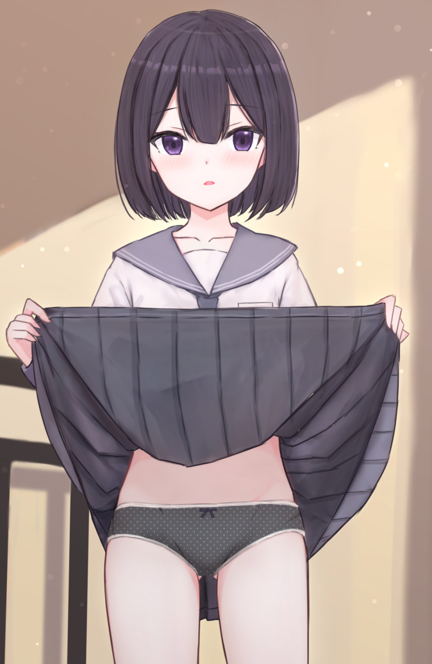 1girl :&lt; ass_visible_through_thighs black_hair black_skirt blush bob_cut bow bow_panties breast_pocket breasts brown_background clothes_lift collarbone commentary commentary_request cowboy_shot grey_neckerchief grey_sailor_collar groin hair_between_eyes highres lifted_by_self light_particles looking_at_viewer neckerchief original panties parted_lips pleated_skirt pocket polka_dot polka_dot_panties purple_eyes railing sailor_collar school_uniform serafuku shirt shooko short_hair skirt skirt_lift small_breasts solo standing thigh_gap underwear white_shirt