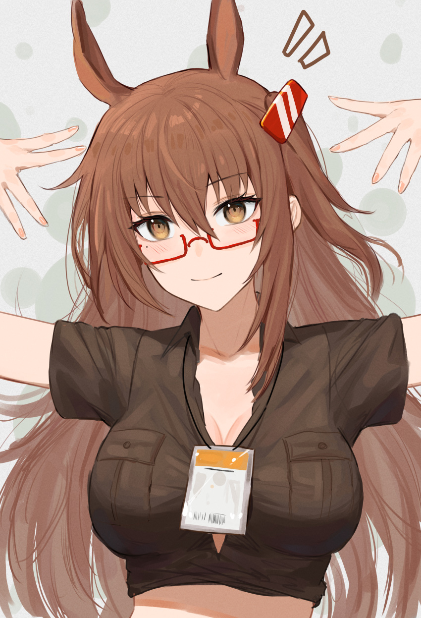 1girl absurdres animal_ears arms_up breast_pocket breasts brown_eyes brown_hair brown_shirt cleavage collared_shirt commentary crop_top girls'_frontline glasses hair_between_eyes hair_ornament hairclip highres horse_ears id_card large_breasts long_hair looking_at_viewer pocket red-framed_eyewear semi-rimless_eyewear shirt sidelocks simobulanka simple_background smile solo type_88_(girls'_frontline) under-rim_eyewear upper_body