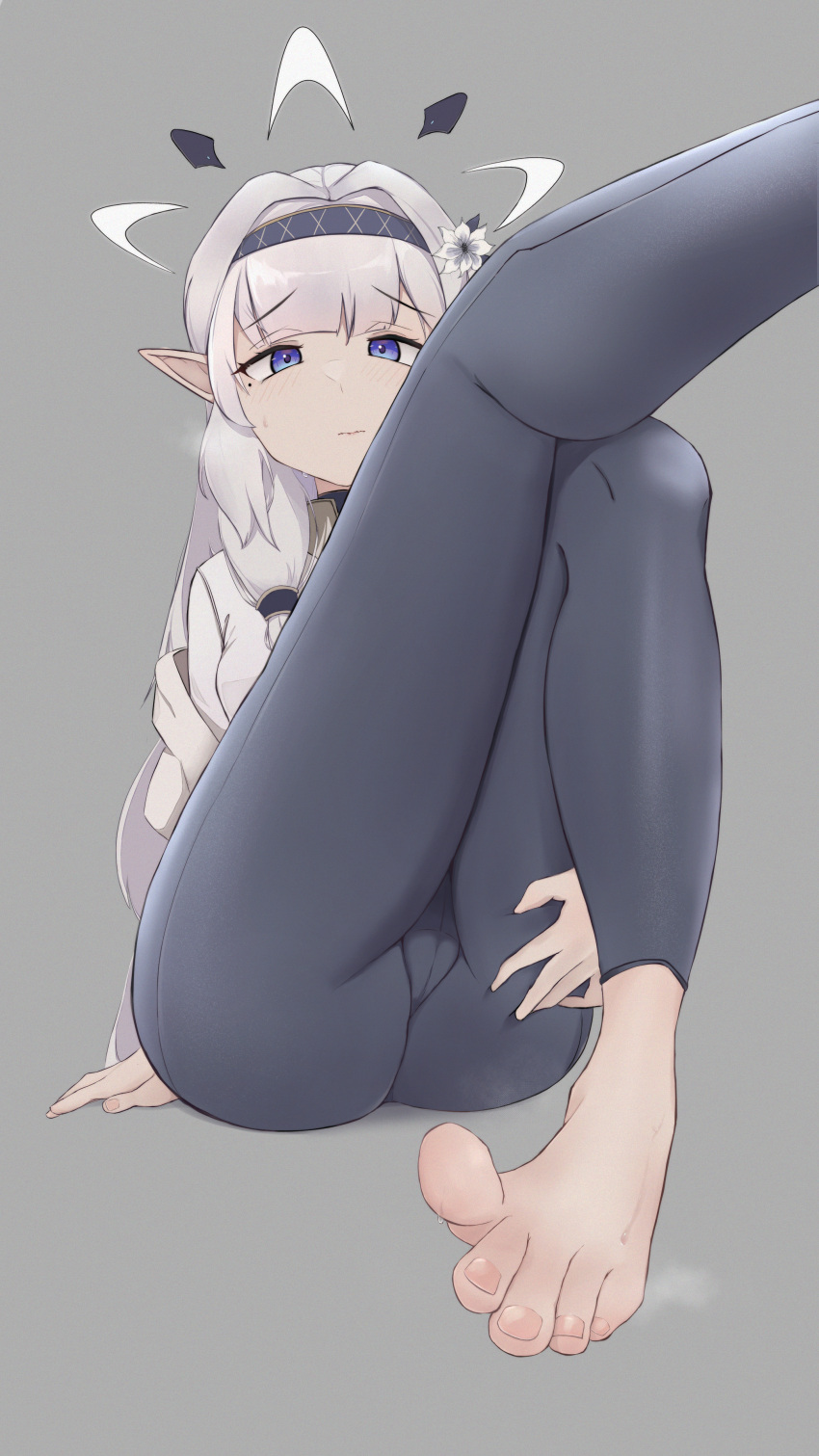 1girl absurdres arm_support ass barefoot blue_archive blue_eyes blunt_bangs blush cameltoe closed_mouth commentary eyelashes feet flower foot_focus foot_out_of_frame foreshortening grey_background grey_hair grey_hairband grey_halo grey_leggings hair_flower hair_ornament hairband halo highres himari_(blue_archive) knees_together_feet_apart leg_up leggings legs long_hair long_sleeves mole mole_under_eye off_shoulder on_ground pointy_ears shirt simple_background sitting smell solo sotiark steaming_body sweat thighs toenails toes white_flower white_shirt