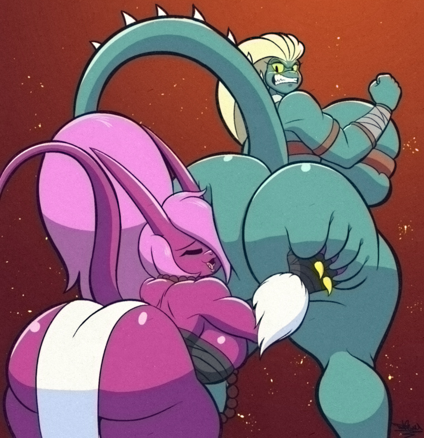 angry anthro big_breasts big_butt biped bottomless breast_size_difference breasts butt butt_grab clothed clothing duo face_on_butt hand_on_butt hi_res huge_breasts huge_butt purple_body scalie tansau teeth thick_thighs