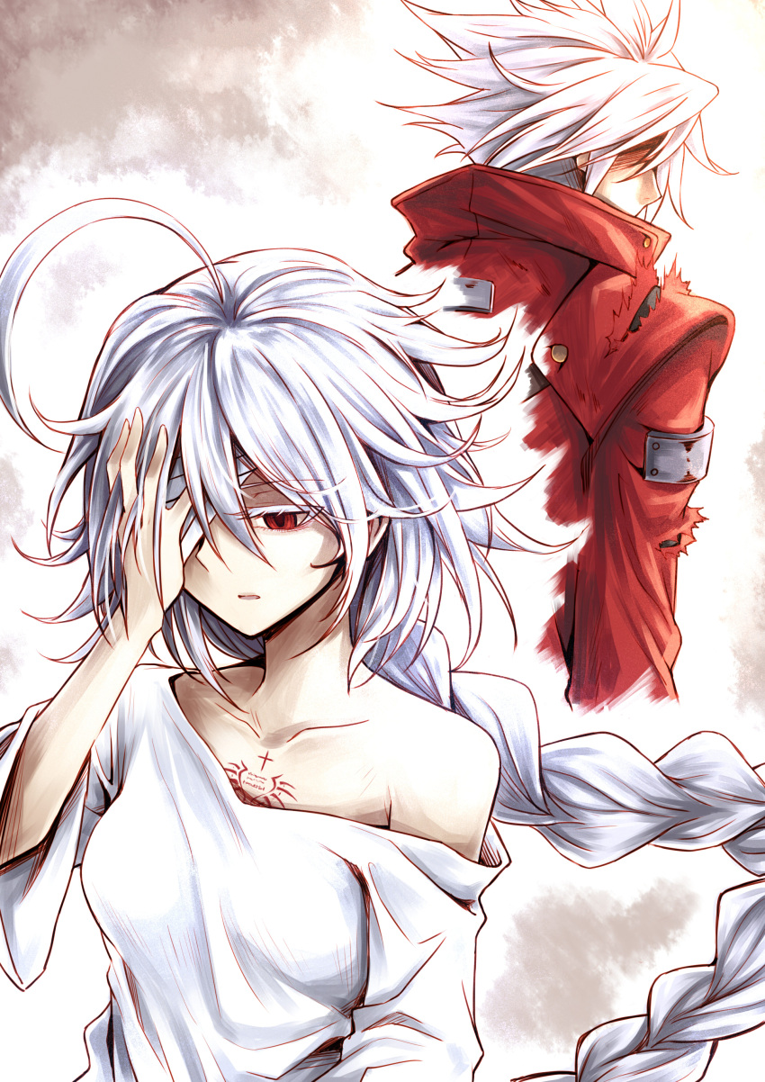 1boy 1girl absurdres ahoge bandage_over_one_eye bare_shoulders blazblue braid breasts chest_tattoo coat collarbone commentary empty_eyes faceless faceless_male hand_on_forehead hand_on_own_forehead highres huge_ahoge karadborg long_hair looking_back medium_breasts nu-13 off_shoulder parted_lips ragna_the_bloodedge red_coat red_eyes shirt single_braid tattoo torn_clothes torn_coat upper_body white_hair white_shirt