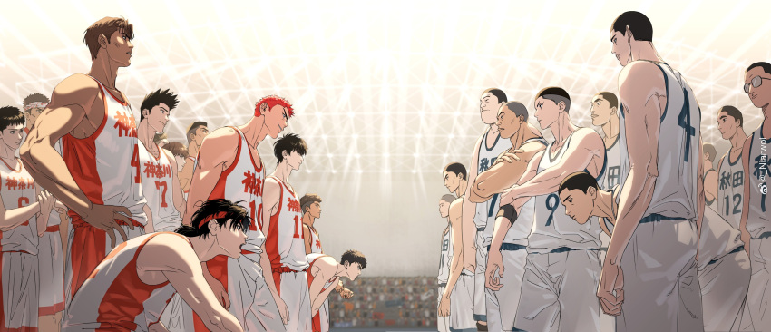 6+boys absurdres akagi_takenori basketball basketball_court basketball_jersey basketball_uniform black_eyes black_hair black_wristband brown_hair buzz_cut crossed_arms dark-skinned_male dark_skin everyone eye_contact feet_out_of_frame from_side fujima_kenji fukatsu_kazunari glasses hands_on_own_hips headband highres ichinokura_satoshi indoors jin_souichirou kawata_masashi kawata_mikio kiyota_nobunaga looking_at_another maki_shin'ichi male_focus matsumoto_minoru mitsui_hisashi miyagi_ryouta multiple_boys muscular muscular_male niarwol nobe_masahiro open_mouth overhead_lights ponytail red_hair red_headband rukawa_kaede sakuragi_hanamichi sawakita_eiji sendou_akira short_hair shorts slam_dunk_(series) smile spiked_hair sportswear squatting tank_top toned toned_male two-tone_shorts two-tone_tank_top undercut uozumi_jun very_short_hair wavy_hair white_headband white_shorts white_tank_top