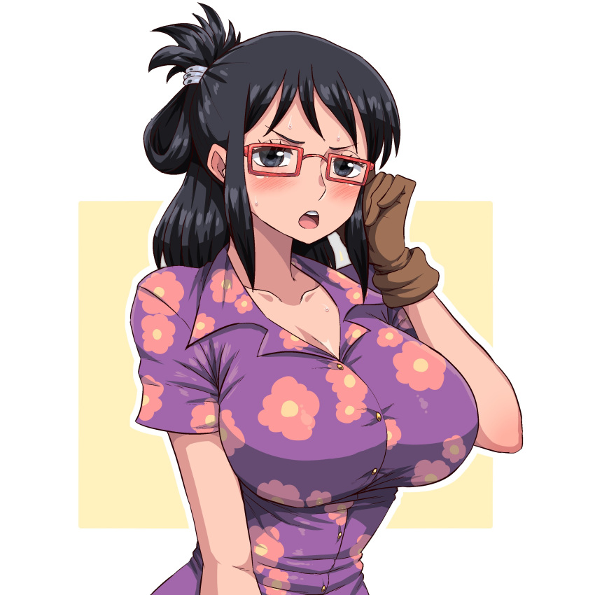 1girl absurdres adjusting_eyewear black_eyes black_hair blush breasts brown_gloves floral_print folded_hair gloves hair_bun half_updo highres one_piece red-framed_eyewear short_hair simmsy single_hair_bun tashigi