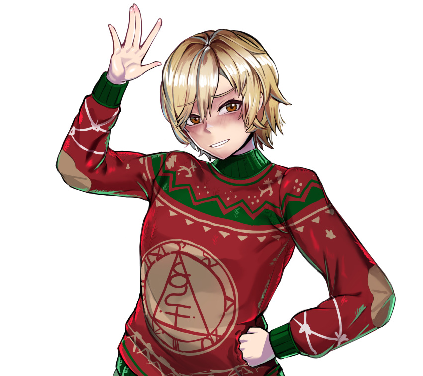 1girl absurdres blonde_hair brown_eyes christmas commission dead_by_daylight ghgnvm heather_mason highres looking_at_viewer short_hair silent_hill_(series) silent_hill_3 simple_background smile solo sweater waving white_background