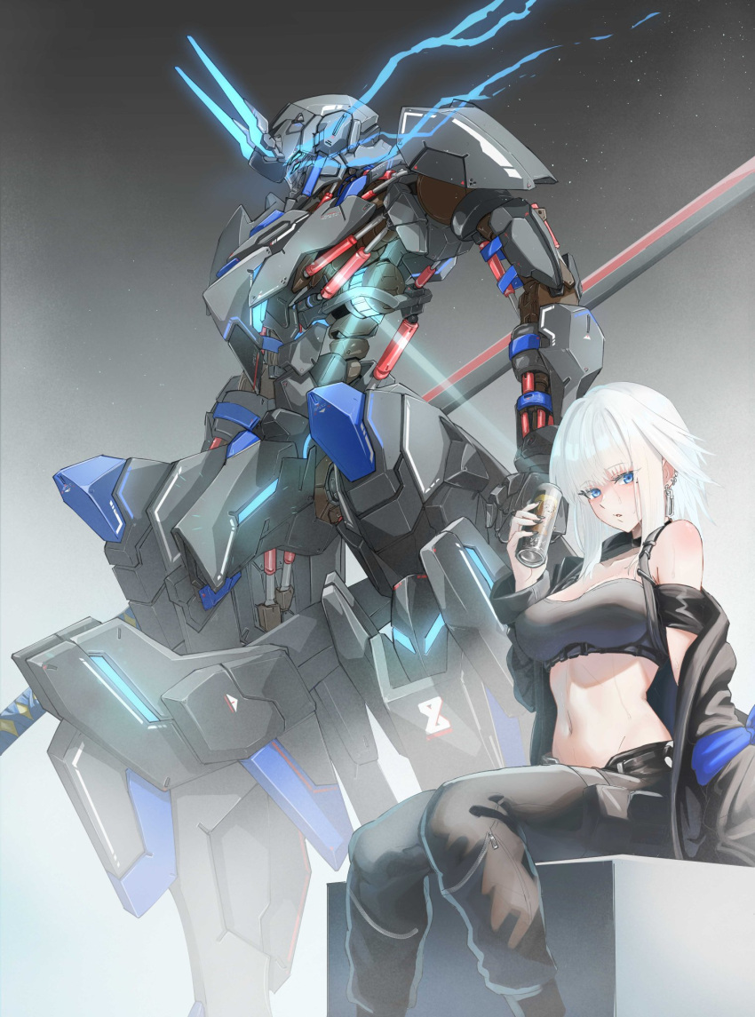 1girl arm_support armband black_jacket black_tube_top blue_armband blue_eyes blush body_blush breasts can chest_harness drink ear_piercing earrings extra_eyes flaming_eye harness highres holding holding_can holding_drink huge_weapon jacket jewelry large_breasts looking_at_viewer mecha medium_hair mole mole_under_eye navel nnu_(vhym4275) off_shoulder ootachi original phantasy_star phantasy_star_online_2 piercing piston robot sidelocks single_bare_shoulder single_hair_intake sitting solo stomach strapless sweat thigh_pouch tube_top underbust v-fin weapon white_hair zipper zipper_pull_tab