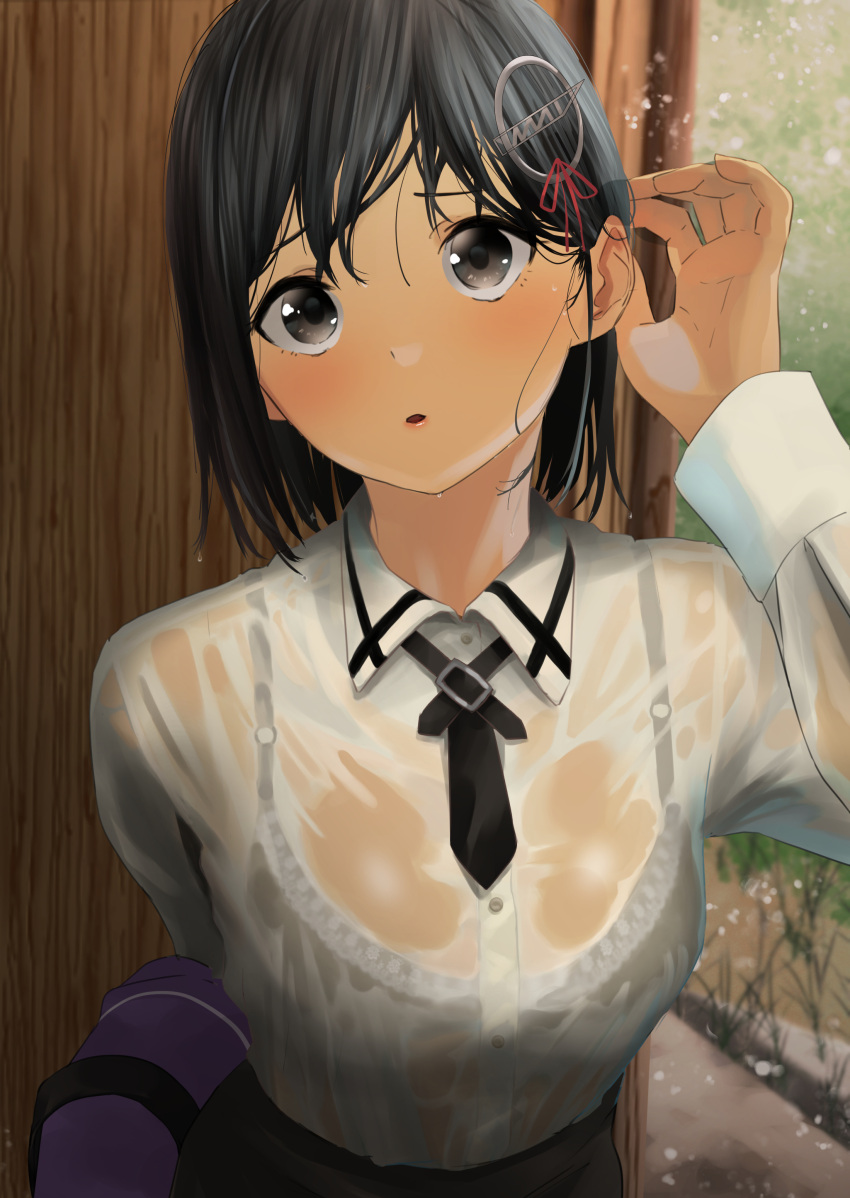 1girl absurdres black_eyes black_hair bob_cut bra_visible_through_clothes breasts buttons collared_shirt dress_shirt haguro_(kancolle) hair_behind_ear hair_ornament hair_ribbon hair_tucking highres jacket kantai_collection long_sleeves looking_up necktie outdoors parted_lips pencil_skirt rain red_ribbon ribbon see-through see-through_shirt shirt short_hair skirt solo tama_(tamago) unworn_jacket water_drop wet wet_clothes wet_face wet_hair wet_shirt wet_skirt white_shirt